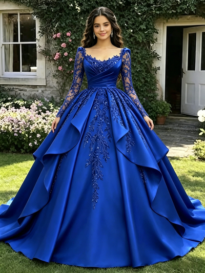 Royal Blue Satin Long Sleeve Appliques Quinceanera Dress