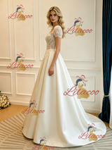 Beige White Satin Short Sleeve Lace Wedding Dress