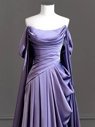 A-Line Purple Off the Shoulder Pleats Prom Dress