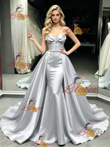 Silver Satin Strapless Pleats Prom Dress