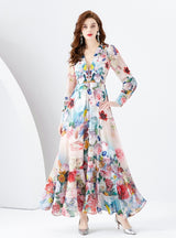 Retro Deep V-neck Lantern Sleeve Printed Sress