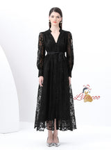 V-neck Lace Single-breasted Long Dress