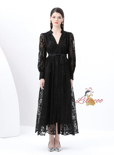 V-neck Lace Single-breasted Long Dress