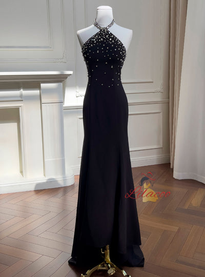 Black Mermaid Halter Beading Prom Dress