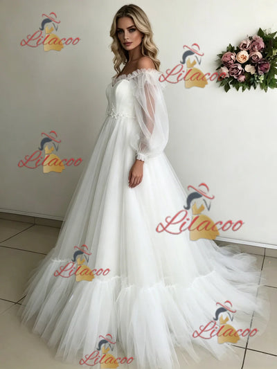 White Tulle Puff Sleeve Off the Shoulder Wedding Dress