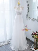 Blue Chiffon Lace Halter Beading Prom Dress