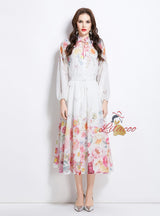 Long-sleeved Printed Chiffon Top Skirt Suit