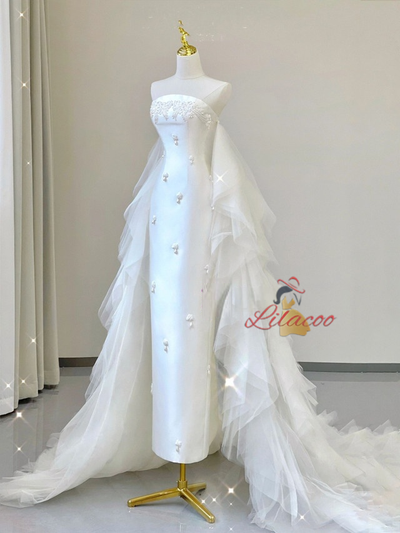 White Satin Tulle Strapless Beading Wedding Dress
