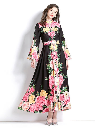 Long-sleeved Palace Horn Sleeve Print Dress