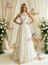 Beige White Lace Halter Wedding Dress