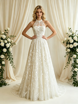 Beige White Lace Halter Wedding Dress