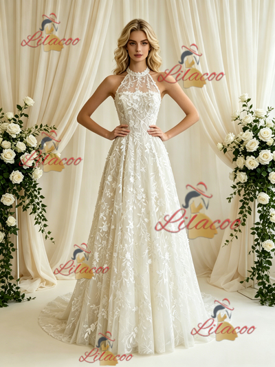 Beige White Lace Halter Wedding Dress