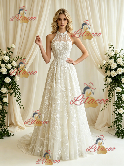 Beige White Lace Halter Wedding Dress