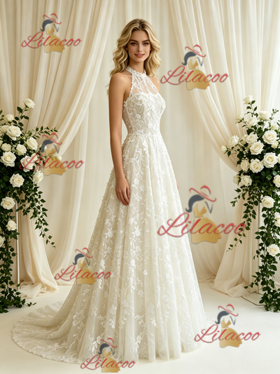 Beige White Lace Halter Wedding Dress