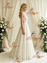 Beige White Lace Halter Wedding Dress