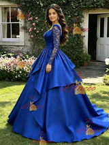 Royal Blue Satin Long Sleeve Appliques Quinceanera Dress