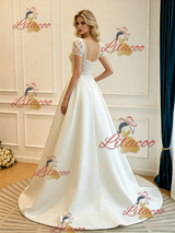 Beige White Satin Short Sleeve Lace Wedding Dress