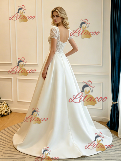 Beige White Satin Short Sleeve Lace Wedding Dress