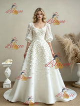 White Square Neck Puff Sleeve Flower Wedding Dress