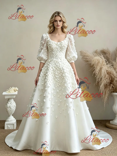 White Square Neck Puff Sleeve Flower Wedding Dress