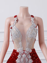 Burgundy Mermaid Sequins Backless Prom Dress