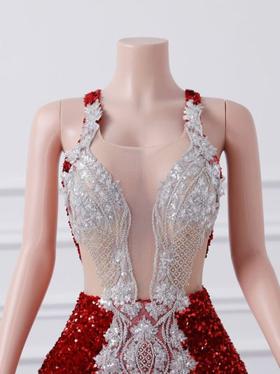 Burgundy Mermaid Sequins Backless Prom Dress