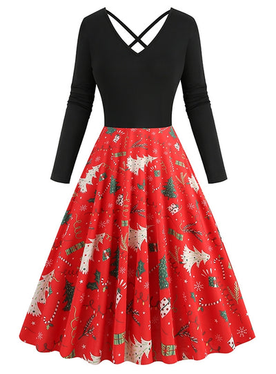 Long Sleeve V-neck Stitching Christmas Dress