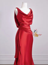 Red Mermaid Satin Pleats Prom Dress