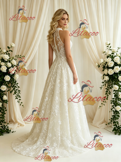 Beige White Lace Halter Wedding Dress