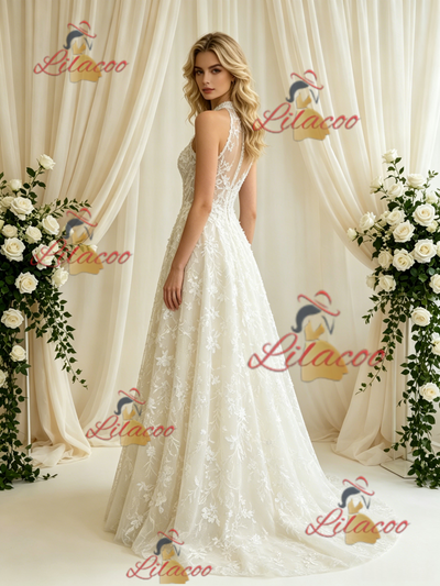 Beige White Lace Halter Wedding Dress