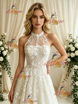 Beige White Lace Halter Wedding Dress