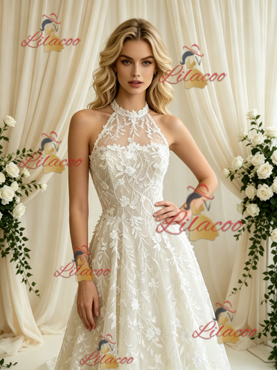 Beige White Lace Halter Wedding Dress