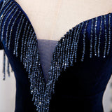 Navy Blue Velvet Beading Prom Dress