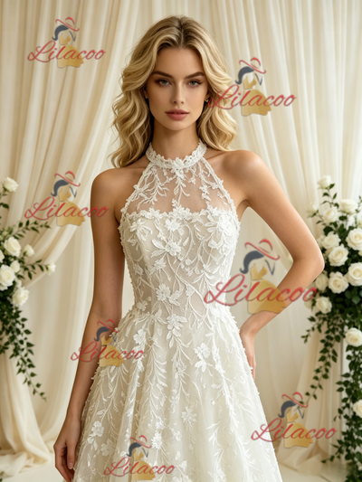 Beige White Lace Halter Wedding Dress
