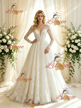 Beige White Tulle Lace Long Sleeve Wedding Dress