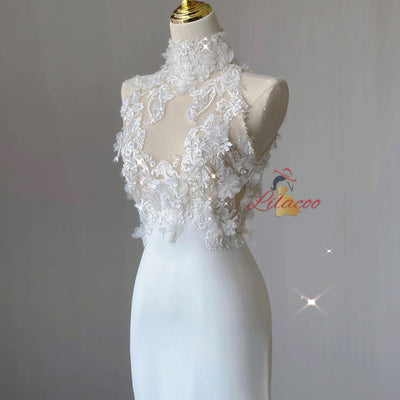 White Mermaid High Neck Lace Wedding Dress
