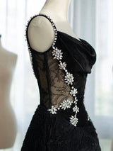 Black Lace Velvet Straps Crystal Prom Dress