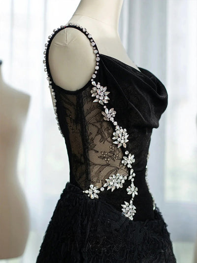 Black Lace Velvet Straps Crystal Prom Dress