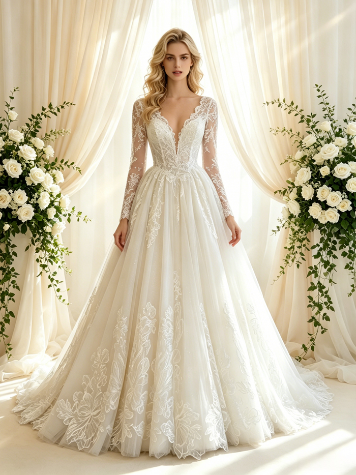 Beige White Tulle Lace Long Sleeve Wedding Dress