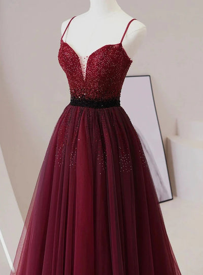 Burgundy Tulle Spaghetti Straps Prom Dress