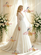Beige White Tulle Lace Long Sleeve Wedding Dress