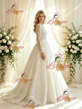 Beige White Tulle Lace Long Sleeve Wedding Dress