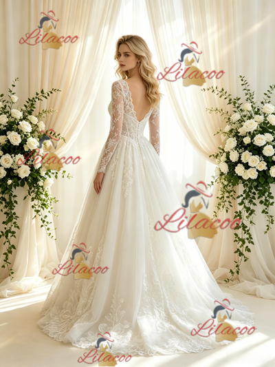 Beige White Tulle Lace Long Sleeve Wedding Dress