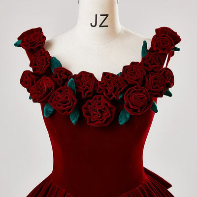 Burgundy Velvet Straps 3D Flower Bow Prom Dress