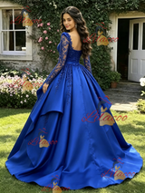 Royal Blue Satin Long Sleeve Appliques Quinceanera Dress