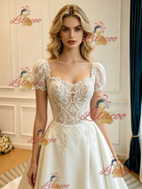 Beige White Satin Short Sleeve Lace Wedding Dress