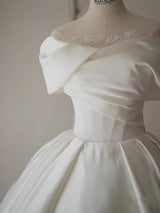 White Satin Off the Shoulder Pleats Wedding Dress