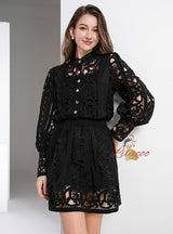 Retro Lace Long Sleeve Slim Short Skirt Two-piece Set