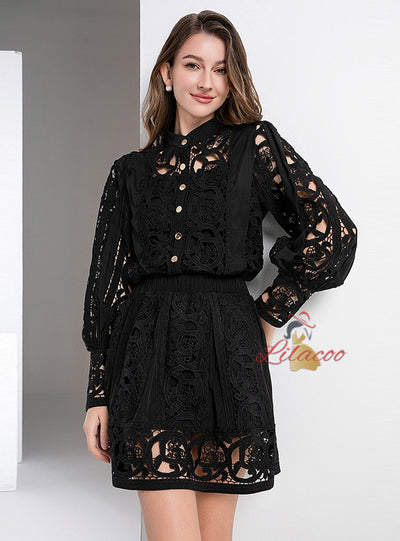 Retro Lace Long Sleeve Slim Short Skirt Two-piece Set