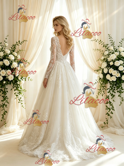 Beige White Tulle Lace Long Sleeve Wedding Dress